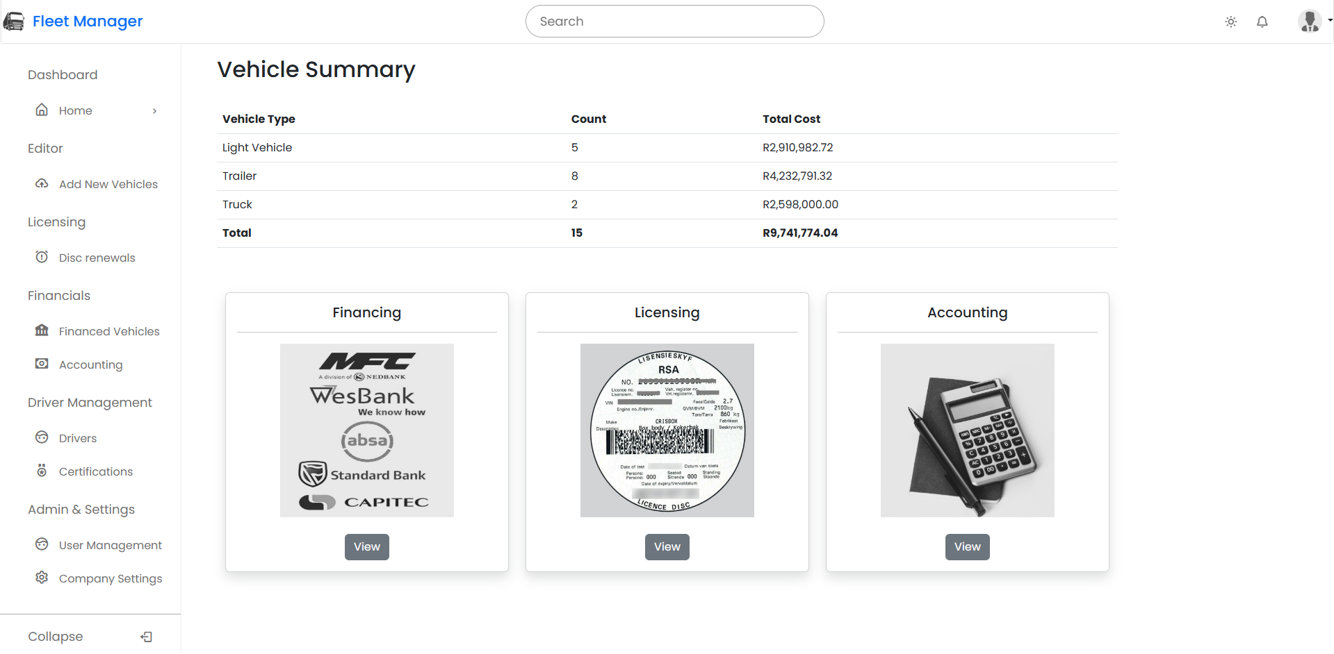 Fleet Manager dashboard Image